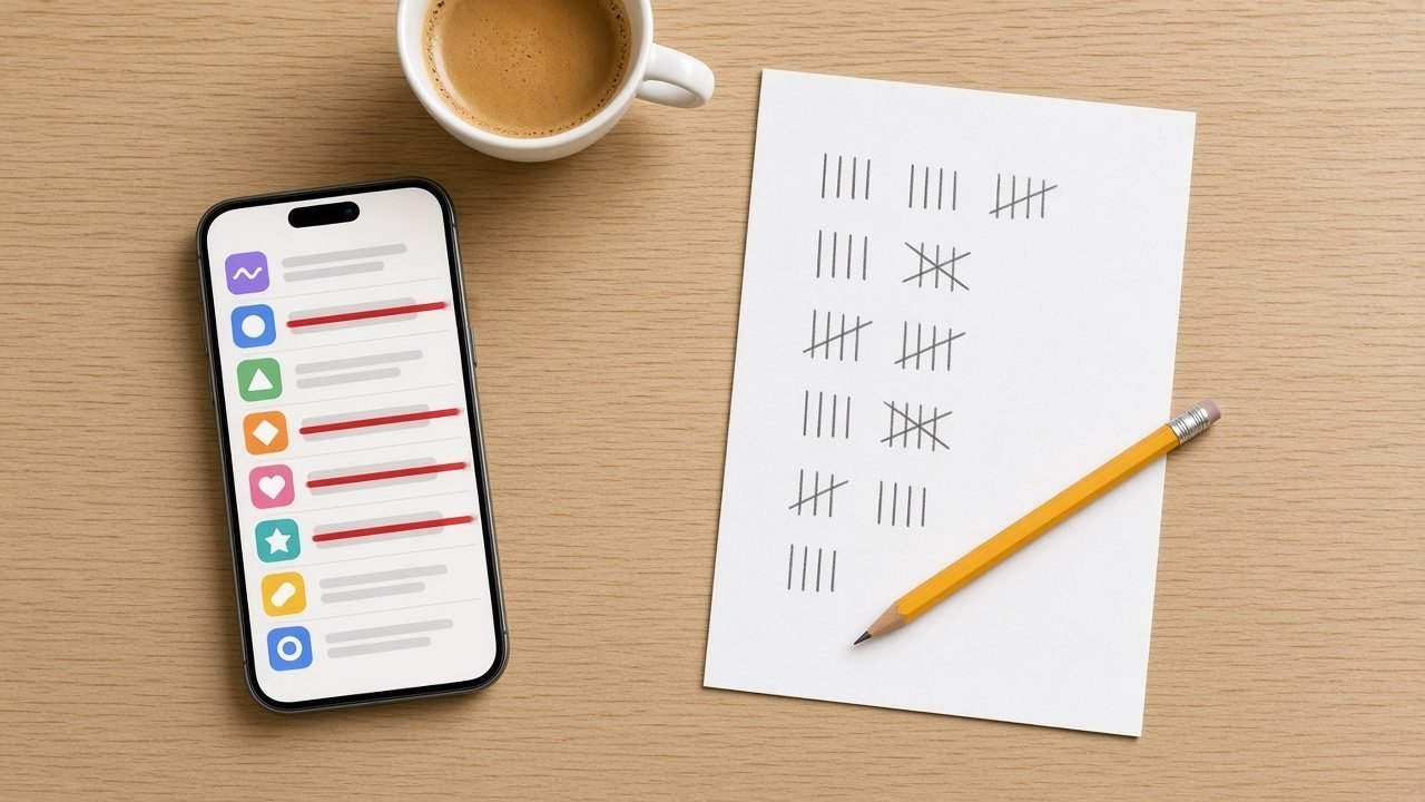A phone showing a list of subscriptions with four crossed out, next to a pencil tally on paper
