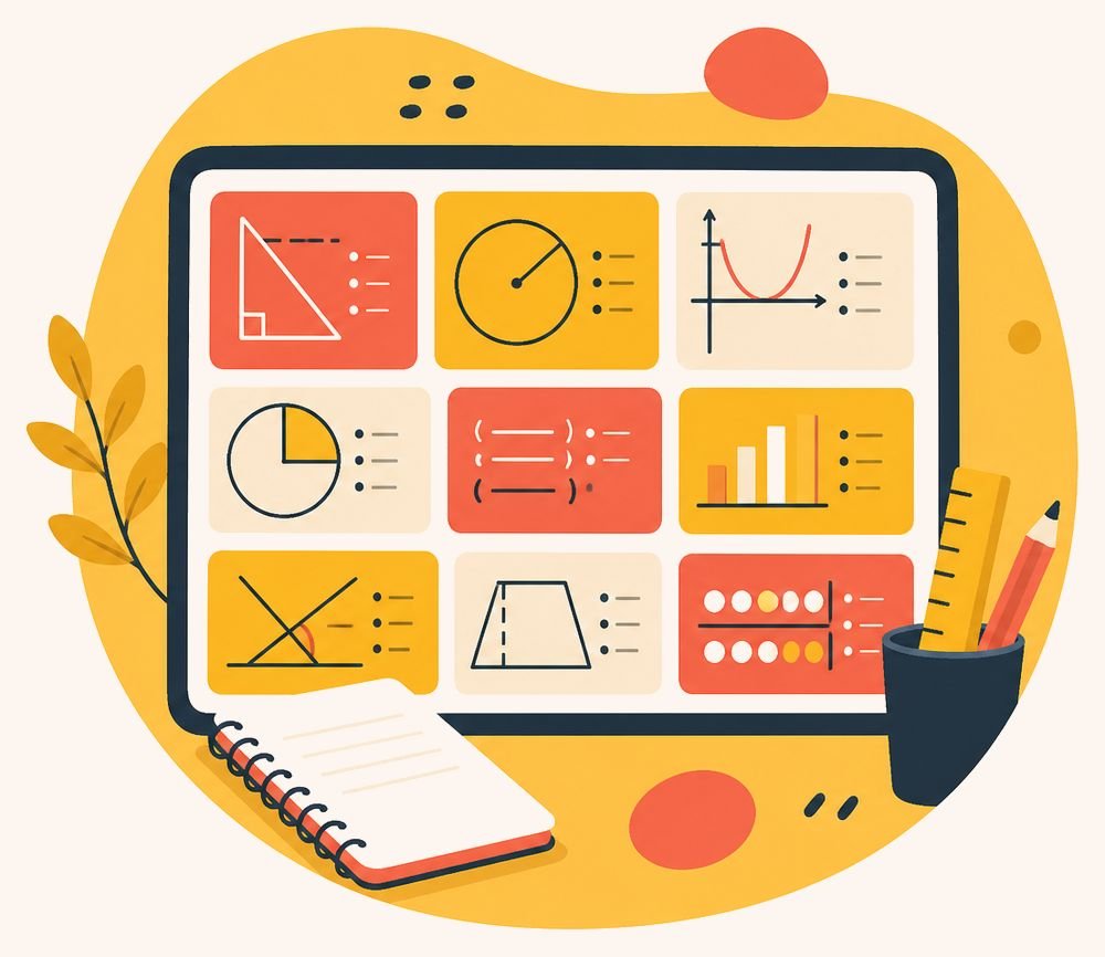 Illustrated topic board with maths diagrams, a notepad and pencils on a yellow shape